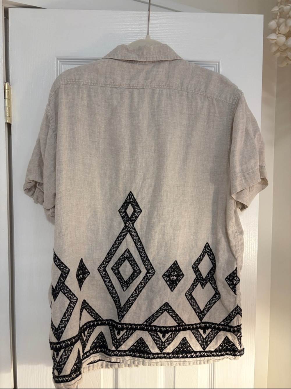 Banana Republic Beige Short-Sleeve Button-Down with Black Geometric Embroidery - Picture 2 of 4